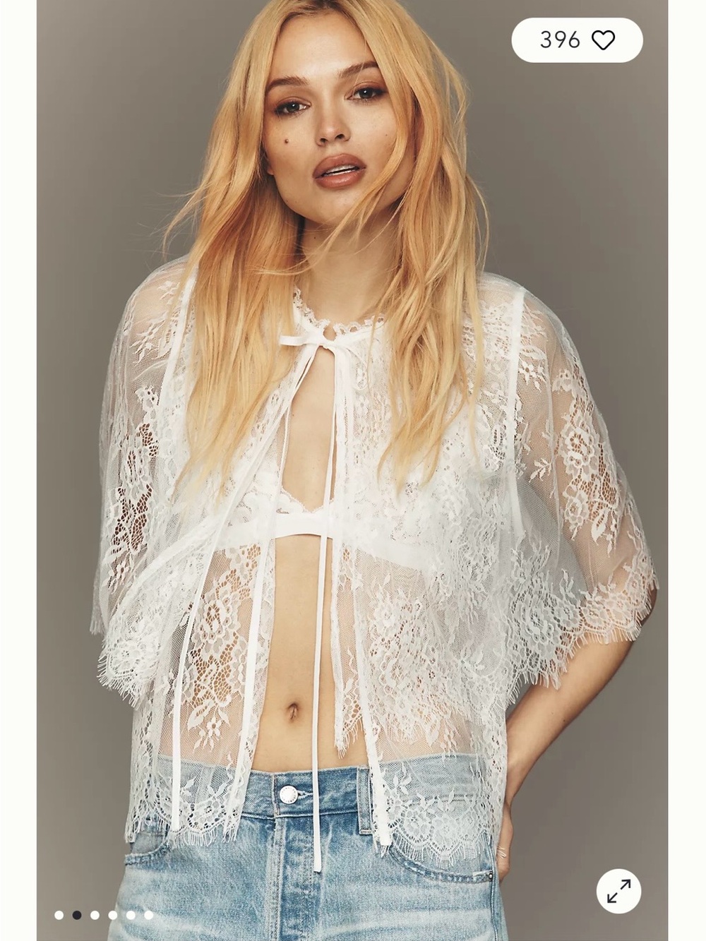Anthropologie Cream Sheer Lace Tie-Front Blouse